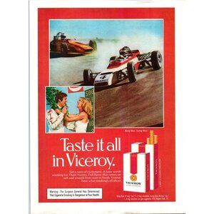 1973 Viceroy Cigarettes Vintage Print Ad Car Racing Winner's Circle 70s Wall Art